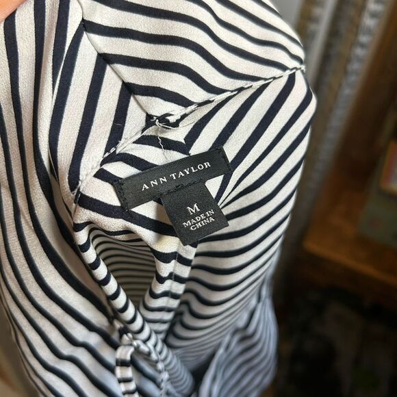 Ann Taylor Black and White Striped Blouse w Blue Accents M - Picture 2 of 16